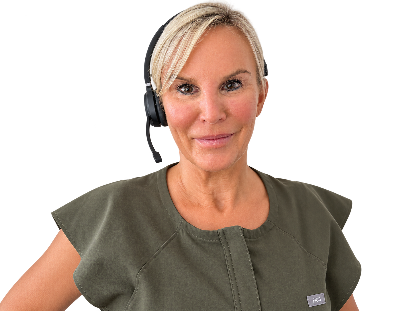 Margit Rink-Ferrara mit Headset, lächelnd und offen für ein Gespräch
